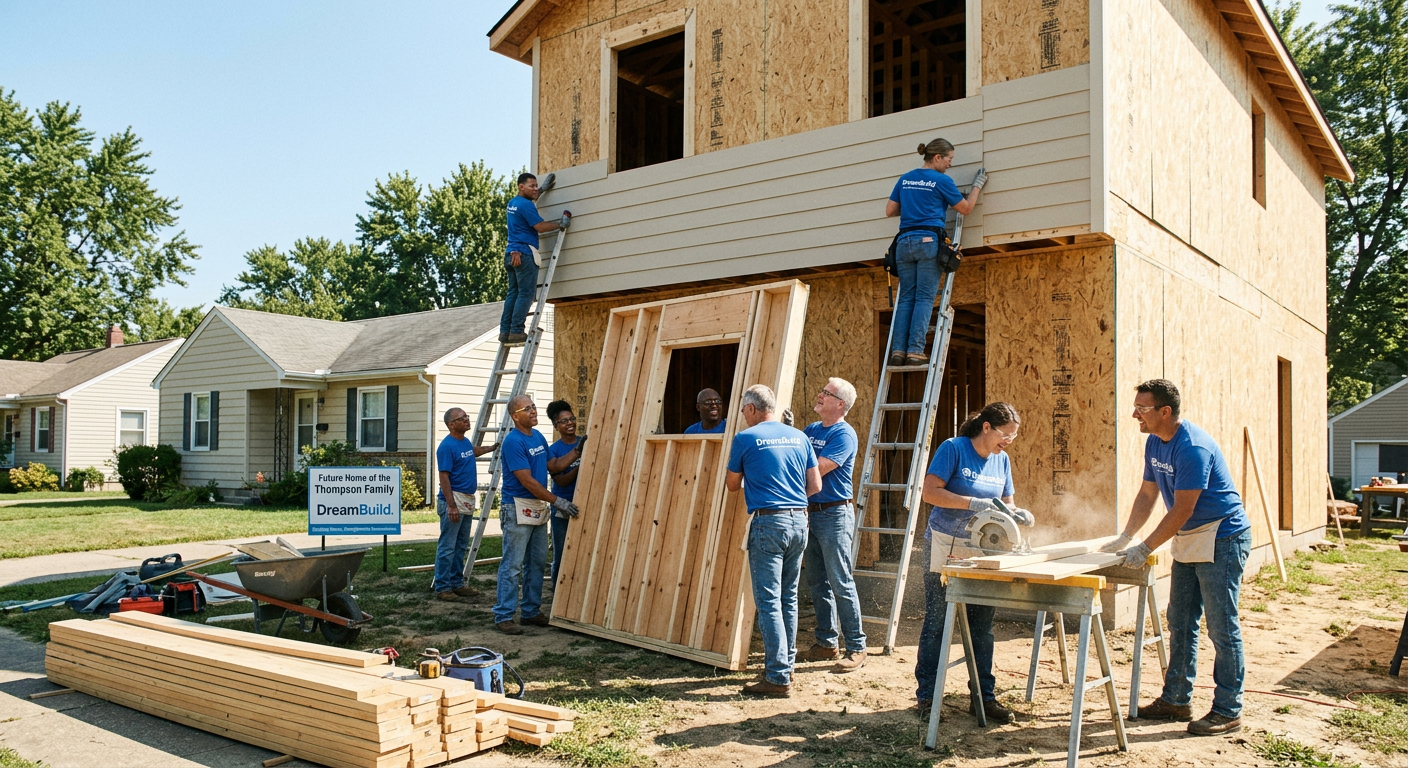 DreamBuild volunteers framing a house